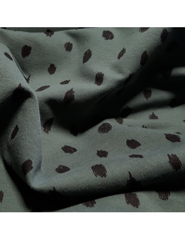 Tissu, French Terry Points Peints, Vert Kaki, Laize 150 cm, Coton Stretch Oeko-Tex Bio