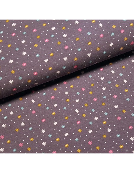 Tissu, Jersey de Coton Imprimé Petites Fleurs, Mauve Douceur, Laize 150 cm, Coton Stretch Oeko-Tex Bio