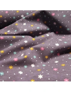 Tissu, Jersey de Coton Imprimé Petites Fleurs, Mauve Douceur, Laize 150 cm, Coton Stretch Oeko-Tex Bio 2