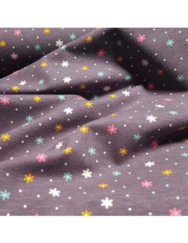 Tissu, Jersey de Coton Imprimé Petites Fleurs, Mauve Douceur, Laize 150 cm, Coton Stretch Oeko-Tex Bio
