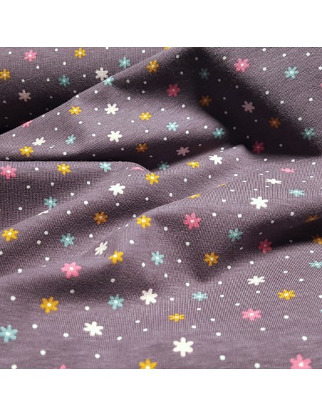 Tissu, Jersey de Coton Imprimé Petites Fleurs, Mauve Douceur, Laize 150 cm, Coton Stretch Oeko-Tex Bio