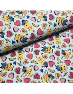 Tissu, Jersey de Coton Imprimé Minions, Minions et Cœurs, Laize 150 cm, Coton Stretch Oeko-Tex