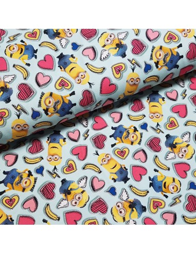 Tissu, Jersey de Coton Imprimé Minions, Minions et Cœurs, Laize 150 cm, Coton Stretch Oeko-Tex