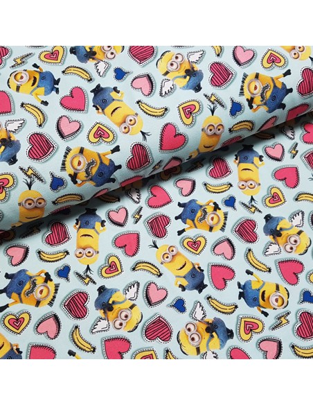 Tissu, Jersey de Coton Imprimé Minions, Minions et Cœurs, Laize 150 cm, Coton Stretch Oeko-Tex