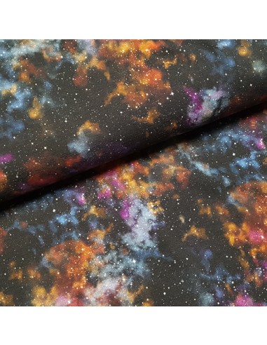 Tissu, Jersey de Coton Imprimé Galaxie, Bleu Nuit Étoilé, Laize 150 cm, Coton Stretch Oeko-Tex