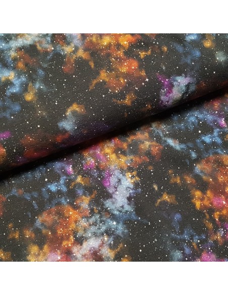 Tissu, Jersey de Coton Imprimé Galaxie, Bleu Nuit Étoilé, Laize 150 cm, Coton Stretch Oeko-Tex