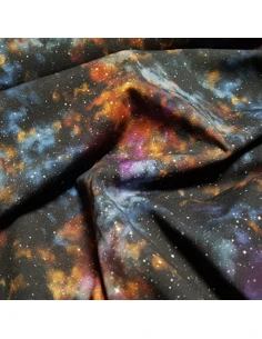 Tissu, Jersey de Coton Imprimé Galaxie, Bleu Nuit Étoilé, Laize 150 cm, Coton Stretch Oeko-Tex 2