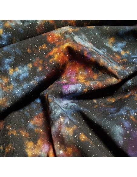 Tissu, Jersey de Coton Imprimé Galaxie, Bleu Nuit Étoilé, Laize 150 cm, Coton Stretch Oeko-Tex