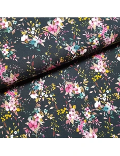 Tissu, Jersey de Coton Imprimé Fleurs, Marine Romantique, Laize 150 cm, Coton Stretch Oeko-Tex