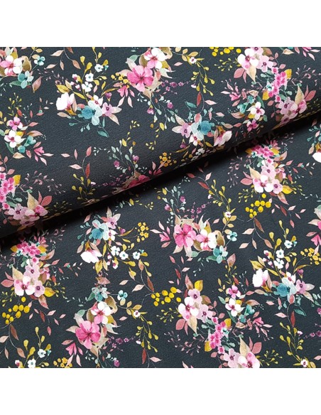 Tissu, Jersey de Coton Imprimé Fleurs, Marine Romantique, Laize 150 cm, Coton Stretch Oeko-Tex
