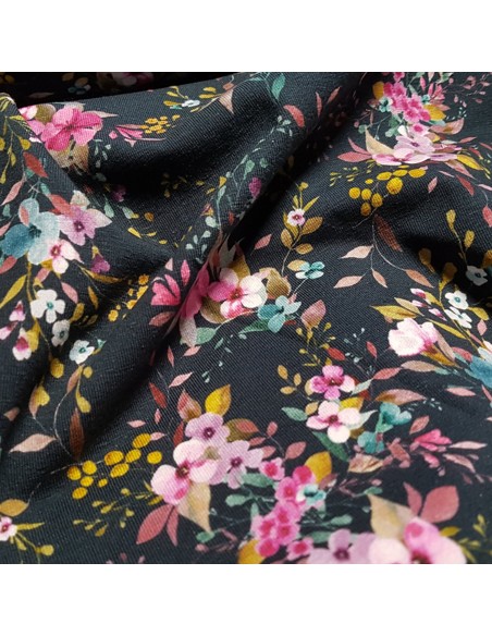 Tissu, Jersey de Coton Imprimé Fleurs, Marine Romantique, Laize 150 cm, Coton Stretch Oeko-Tex