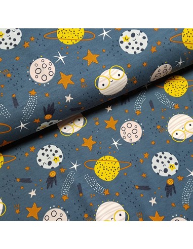 Tissu, French Terry Imprimé Planètes Rigolotes, Multicolore Espace Ludique, Laize 148 cm, Coton Stretch Oeko-Tex