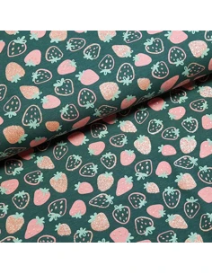 Tissu, Jersey de Coton Imprimé Fraises Brillantes, Vert Printanier, Laize 150 cm, Coton Stretch Oeko-Tex