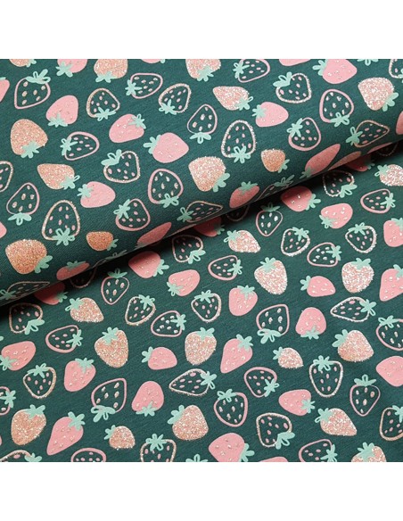 Tissu, Jersey de Coton Imprimé Fraises Brillantes, Vert Printanier, Laize 150 cm, Coton Stretch Oeko-Tex