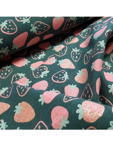 Tissu, Jersey de Coton Imprimé Fraises Brillantes, Vert Printanier, Laize 150 cm, Coton Stretch Oeko-Tex