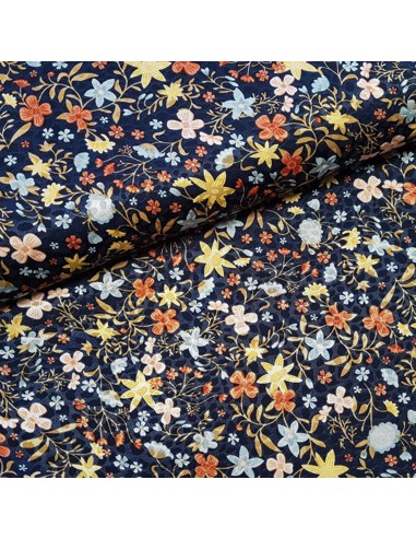 Tissu, Satin Jacquard Fleurs, Marine, Laize 148 cm, 98% Polyester 2% Spandex