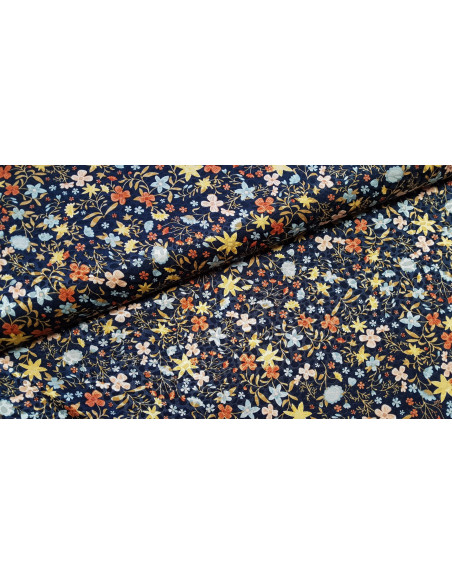 Satin jacquard, fleurs sur fond marine