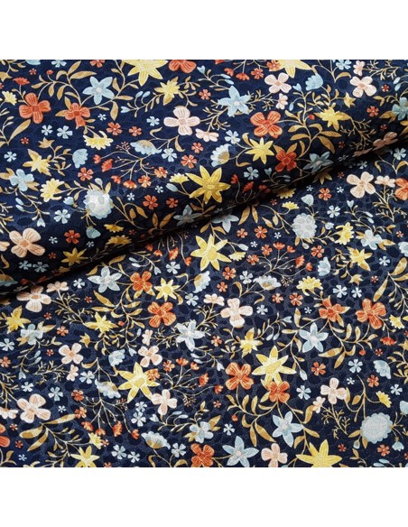 Tissu, Satin Jacquard Fleurs, Marine, Laize 148 cm, 98% Polyester 2% Spandex