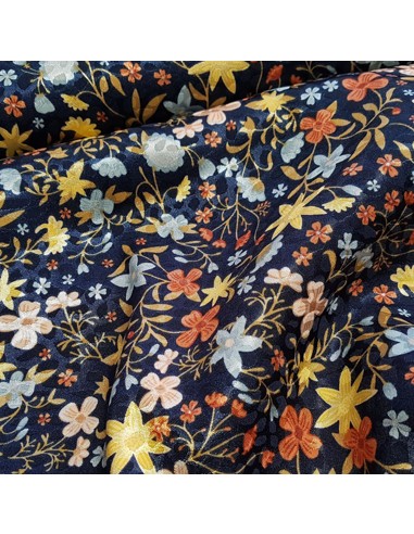 Tissu, Satin Jacquard Fleurs, Marine, Laize 148 cm, 98% Polyester 2% Spandex