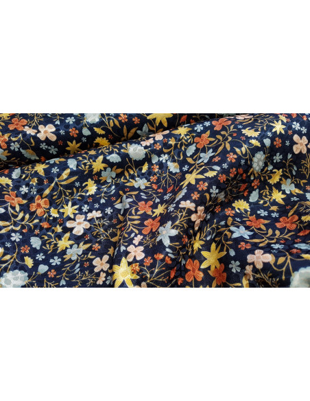 Satin jacquard, fleurs sur fond marine