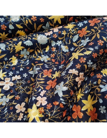 Tissu, Satin Jacquard Fleurs, Marine, Laize 148 cm, 98% Polyester 2% Spandex