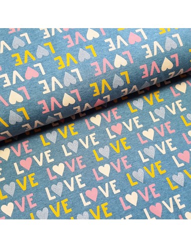 Tissu, Jersey de Coton Imprimé "LOVE", Bleu Jeans, Laize 148 cm, Coton Stretch Oeko-Tex