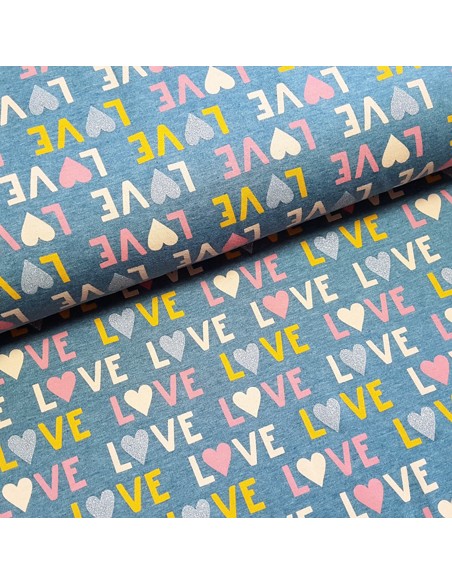 Tissu, Jersey de Coton Imprimé "LOVE", Bleu Jeans, Laize 148 cm, Coton Stretch Oeko-Tex