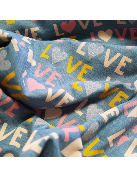 Tissu, Jersey de Coton Imprimé "LOVE", Bleu Jeans, Laize 148 cm, Coton Stretch Oeko-Tex