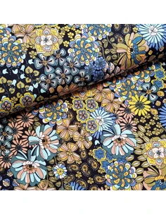 Tissu, Jersey de Viscose Imprimé Fleurs Rétro, Multicolore 70's, Laize 150 cm, Viscose Stretch Oeko-Tex