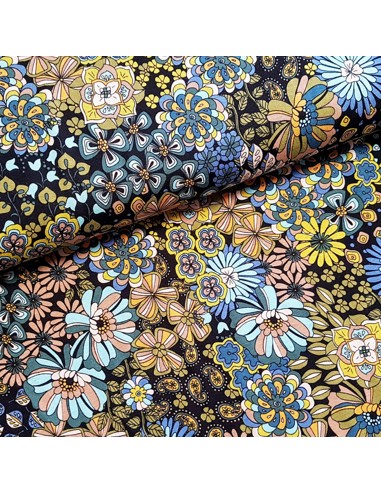 Tissu, Jersey de Viscose Imprimé Fleurs Rétro, Multicolore 70's, Laize 150 cm, Viscose Stretch Oeko-Tex