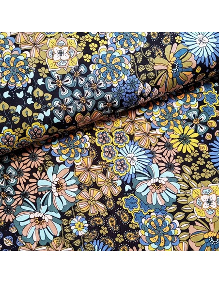 Tissu, Jersey de Viscose Imprimé Fleurs Rétro, Multicolore 70's, Laize 150 cm, Viscose Stretch Oeko-Tex