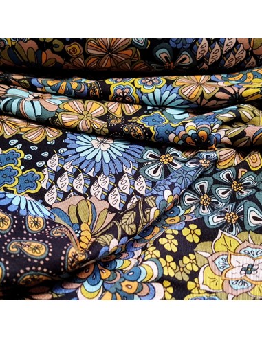 Tissu, Jersey de Viscose Imprimé Fleurs Rétro, Multicolore 70's, Laize 150 cm, Viscose Stretch Oeko-Tex