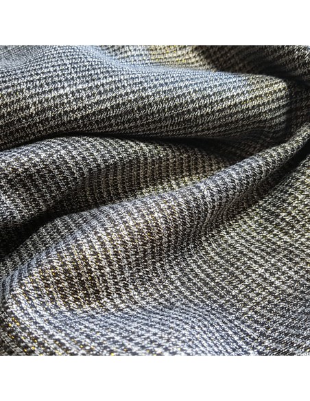 Tissu, Jacquard Pieds de Poule, Noir Blanc Lurex Doré, Laize 150 cm, Polyester Viscose Spandex