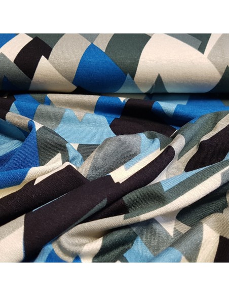 Tissu, Jersey Géométrique, Bleus Gris, Laize 150 cm, Viscose Stretch Oeko-Tex