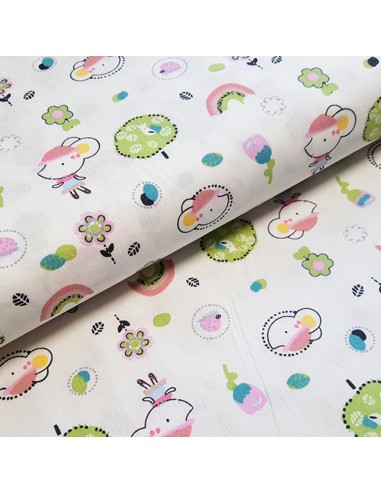 Tissu, Cretonne de Coton Souris, Fond Blanc, Laize 150 cm, 100% Coton