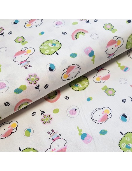 Tissu, Cretonne de Coton Souris, Fond Blanc, Laize 150 cm, 100% Coton