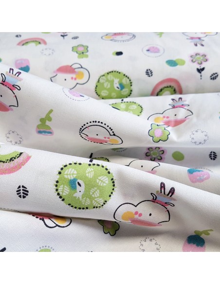 Tissu, Cretonne de Coton Souris, Fond Blanc, Laize 150 cm, 100% Coton