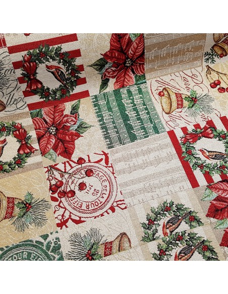Tissu, Jacquard Gobelin Noël, Multicolore Festif Lurex Doré, Laize 140 cm, 58% Coton 32% Polyester 10% Acrylique 425g/m²