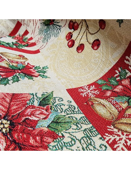 Tissu, Jacquard Gobelin Noël, Multicolore Festif Lurex Doré, Laize 140 cm, 58% Coton 32% Polyester 10% Acrylique 425g/m²