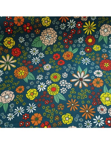 Tissu, Demi-natté Fleurs, Vert Canard, Laize 140 cm, 80% Coton 20% Polyester