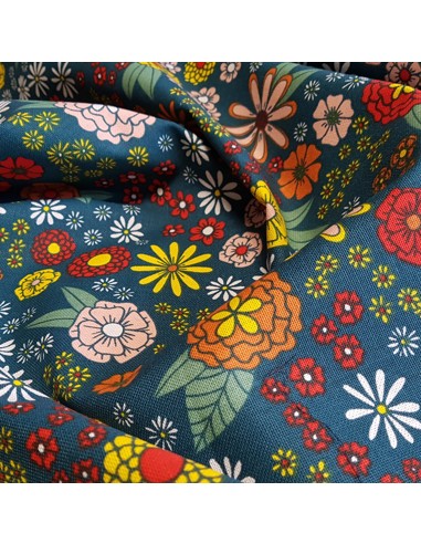Tissu, Demi-natté Fleurs, Vert Canard, Laize 140 cm, 80% Coton 20% Polyester