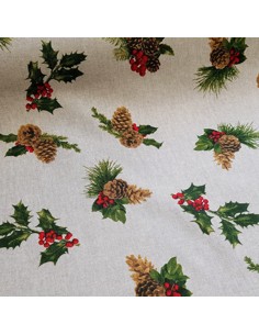Tissu, Demi-natté Motif Houx de Noël, Multicolore, Laize 140 cm, Bachette Coton Polyester