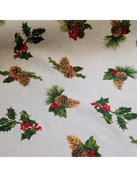 Tissu, Demi-natté Motif Houx de Noël, Multicolore, Laize 140 cm, Bachette Coton Polyester
