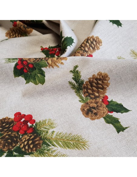 Tissu, Demi-natté Motif Houx de Noël, Multicolore, Laize 140 cm, Bachette Coton Polyester