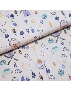 Tissu, Popeline de Coton Imprimée, Motif Ferme Multicolore, Laize 150 cm, 100% Coton