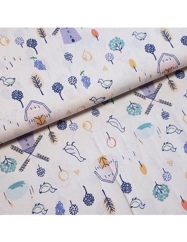 Tissu, Popeline de Coton Imprimée, Motif Ferme Multicolore, Laize 150 cm, 100% Coton