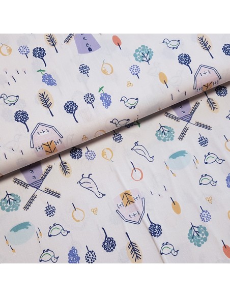 Tissu, Popeline de Coton Imprimée, Motif Ferme Multicolore, Laize 150 cm, 100% Coton