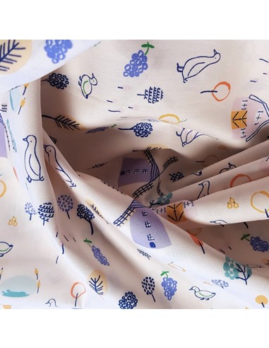 Tissu, Popeline de Coton Imprimée, Motif Ferme Multicolore, Laize 150 cm, 100% Coton