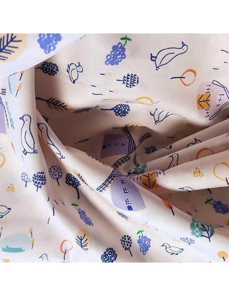 Tissu, Popeline de Coton Imprimée, Motif Ferme Multicolore, Laize 150 cm, 100% Coton
