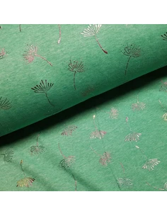 Tissu, Sweat Imprimé Fleurs de Pissenlits, Vert, Laize 150 cm, Mélange Coton Polyester Spandex